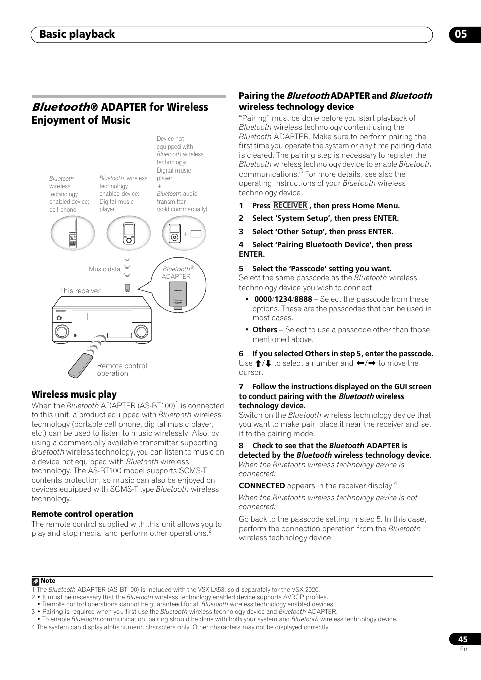 Bluetooth® adapter for wireless enjoyment of music, Wireless music play, Bluetooth | Basic playback 05, Adapter for wireless enjoyment of music | Pioneer VSX-LX53 User Manual | Page 45 / 110