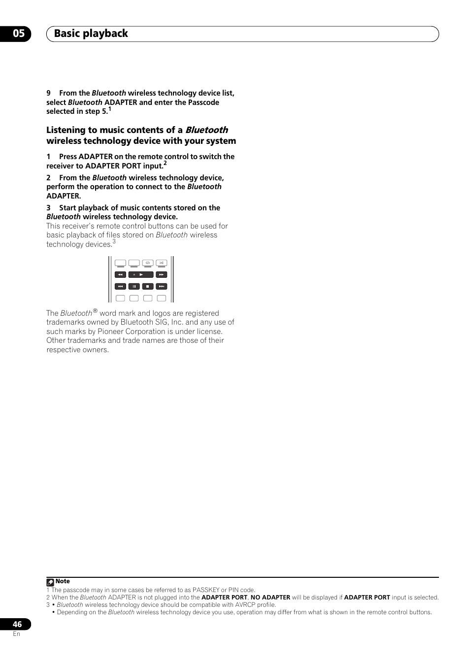 Basic playback 05, Bluetooth, Listening to music contents of a | Wireless technology device with your system | Pioneer VSX-LX53 User Manual | Page 46 / 110