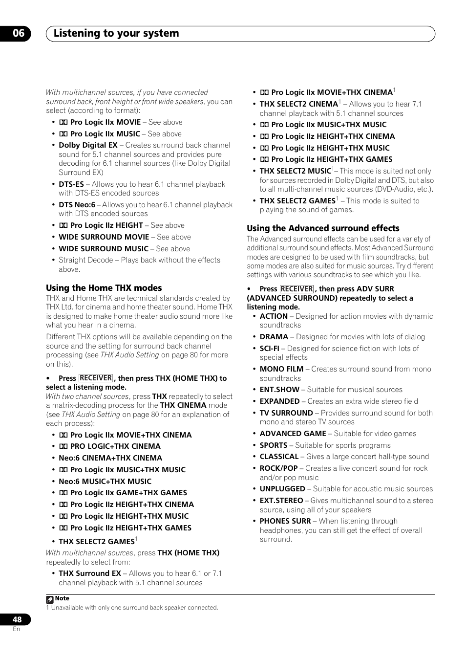 Using the home thx modes, Using the advanced surround effects, Listening to your system 06 | Pioneer VSX-LX53 User Manual | Page 48 / 110