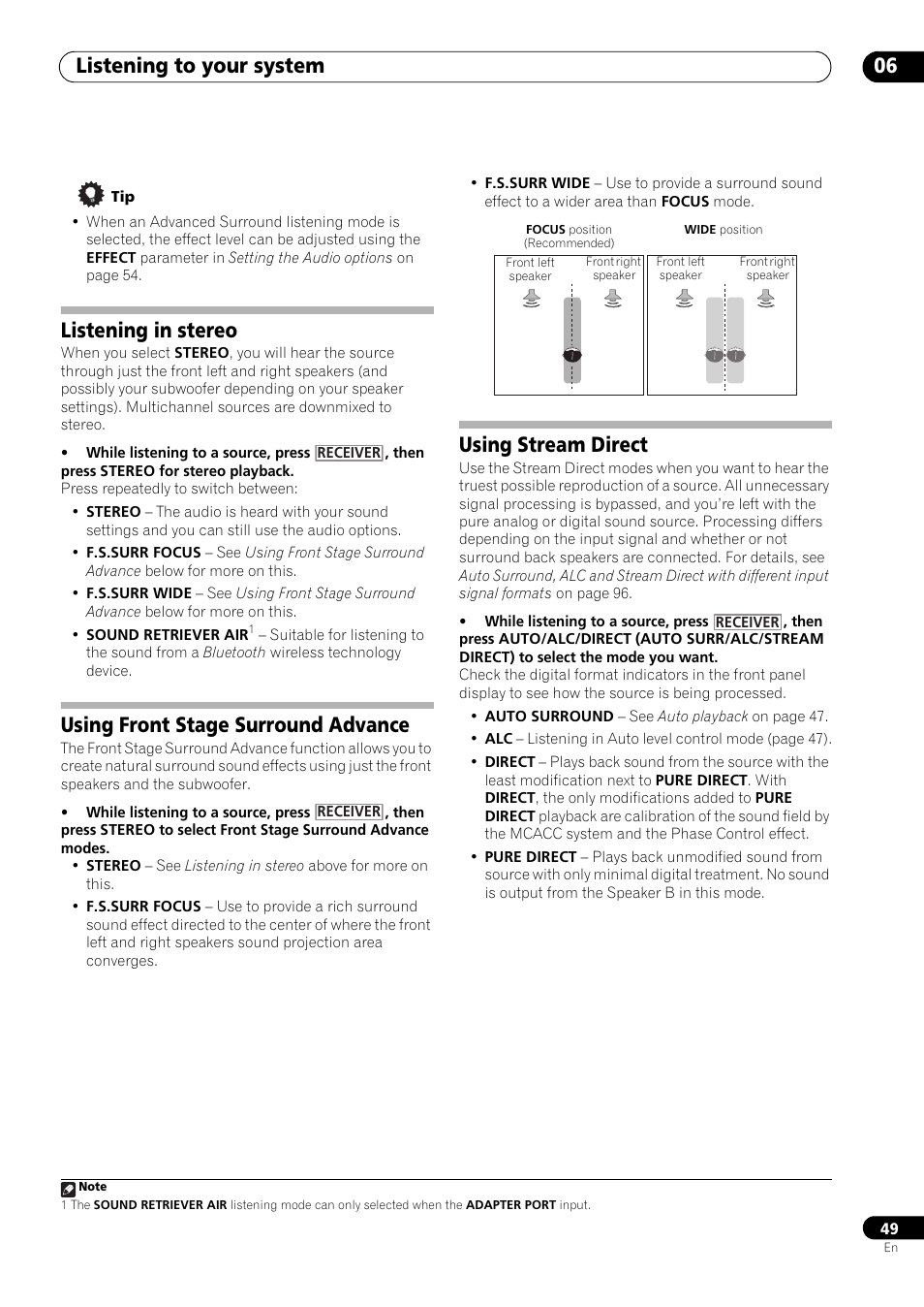 Listening in stereo, Using front stage surround advance, Using stream direct | Listening to your system 06 | Pioneer VSX-LX53 User Manual | Page 49 / 110
