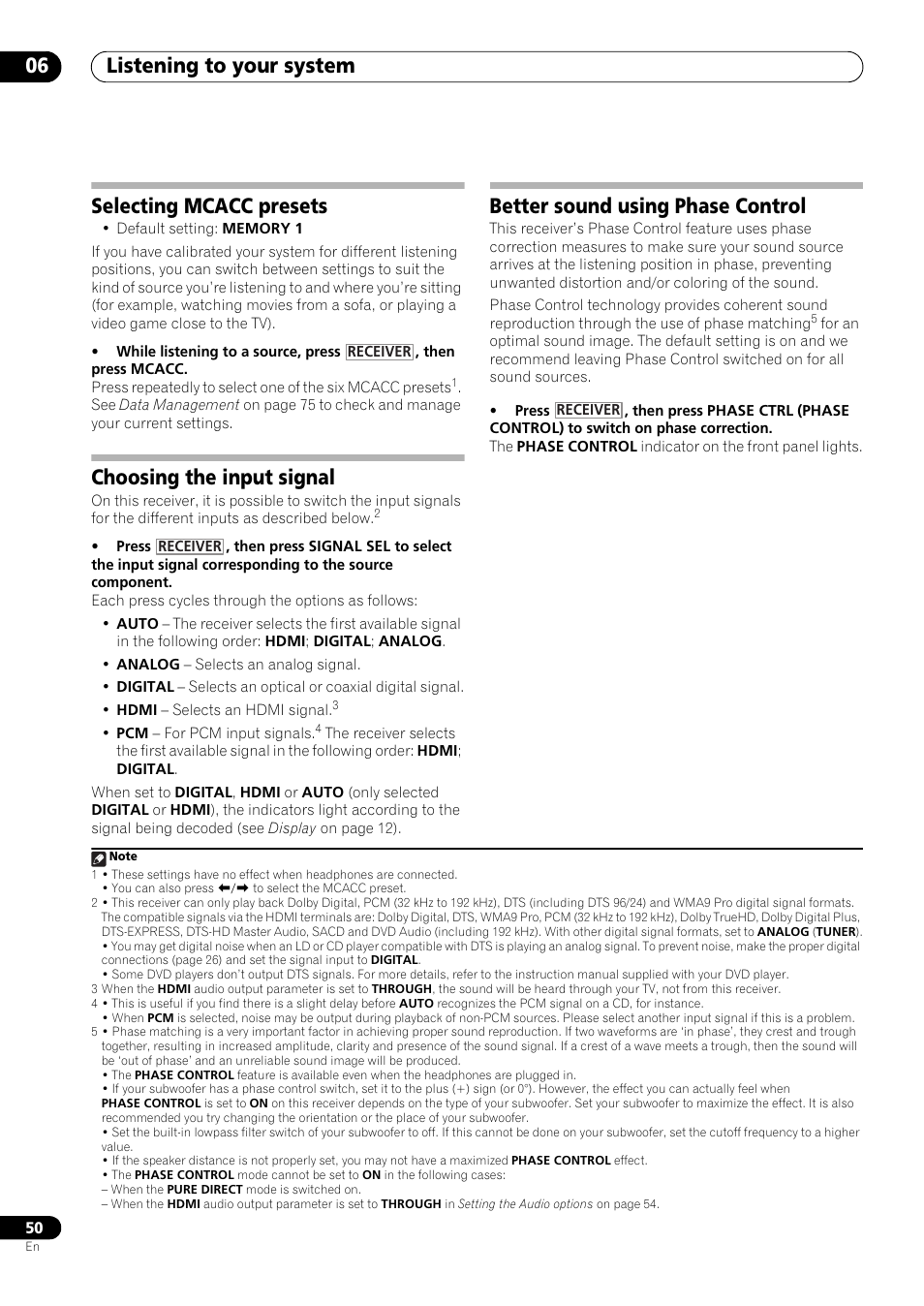 Selecting mcacc presets, Choosing the input signal, Better sound using phase control | Listening to your system 06 | Pioneer VSX-LX53 User Manual | Page 50 / 110