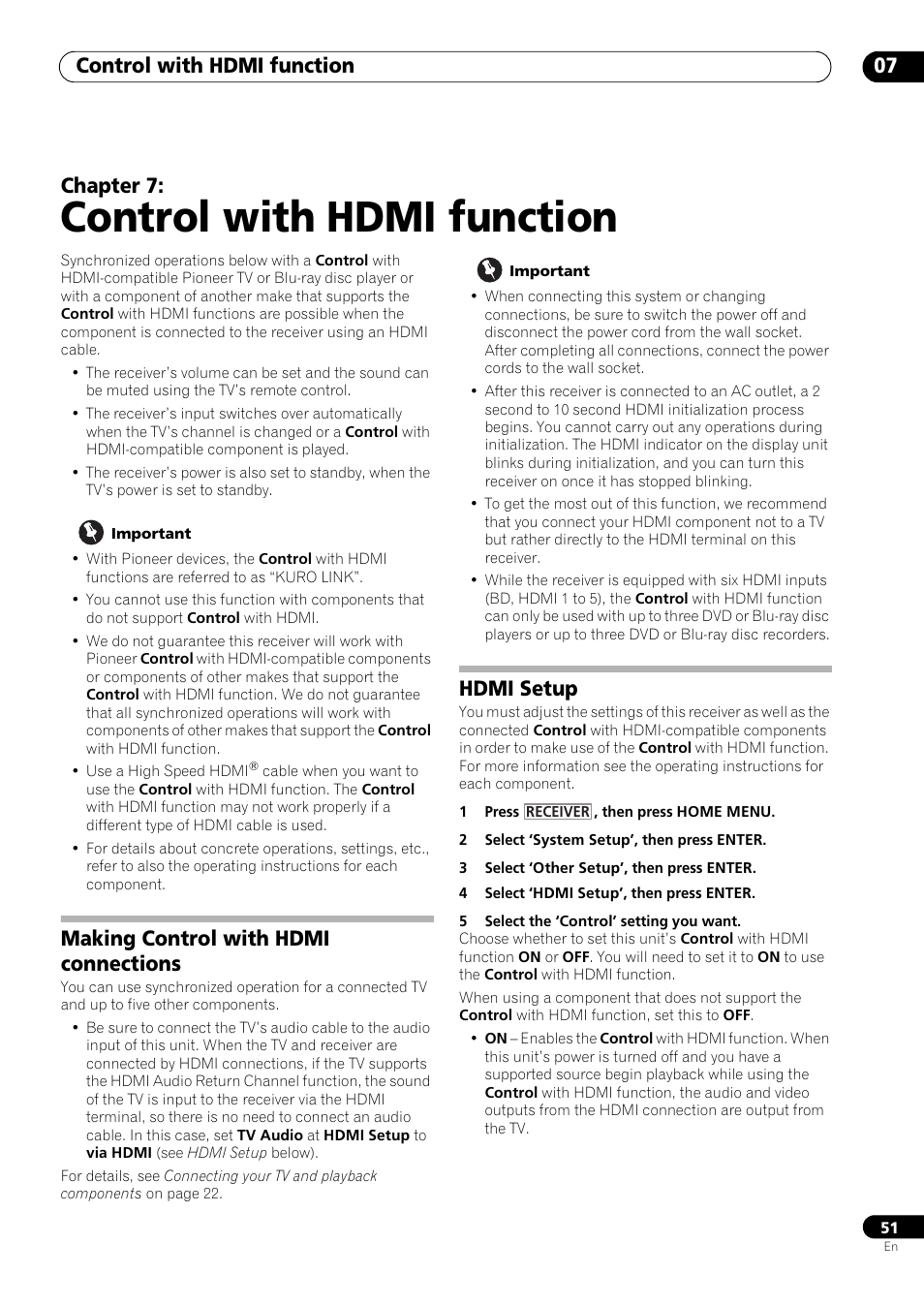 Control with hdmi function, Making control with hdmi connections, Hdmi setup | 07 control with hdmi function, Control with hdmi function 07, Chapter 7 | Pioneer VSX-LX53 User Manual | Page 51 / 110