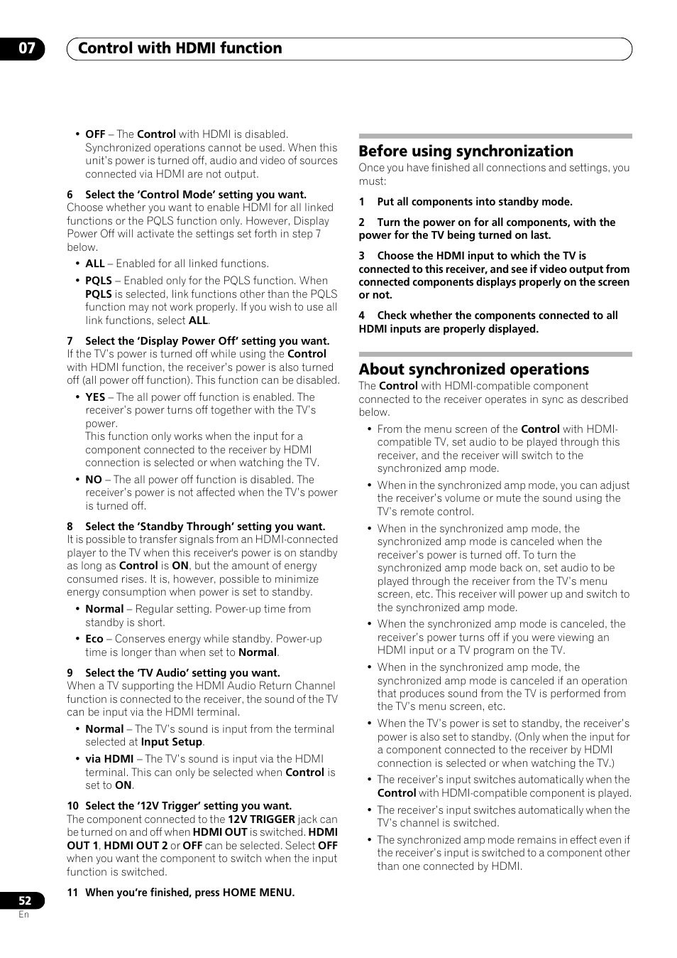 Before using synchronization, About synchronized operations, Control with hdmi function 07 | Pioneer VSX-LX53 User Manual | Page 52 / 110