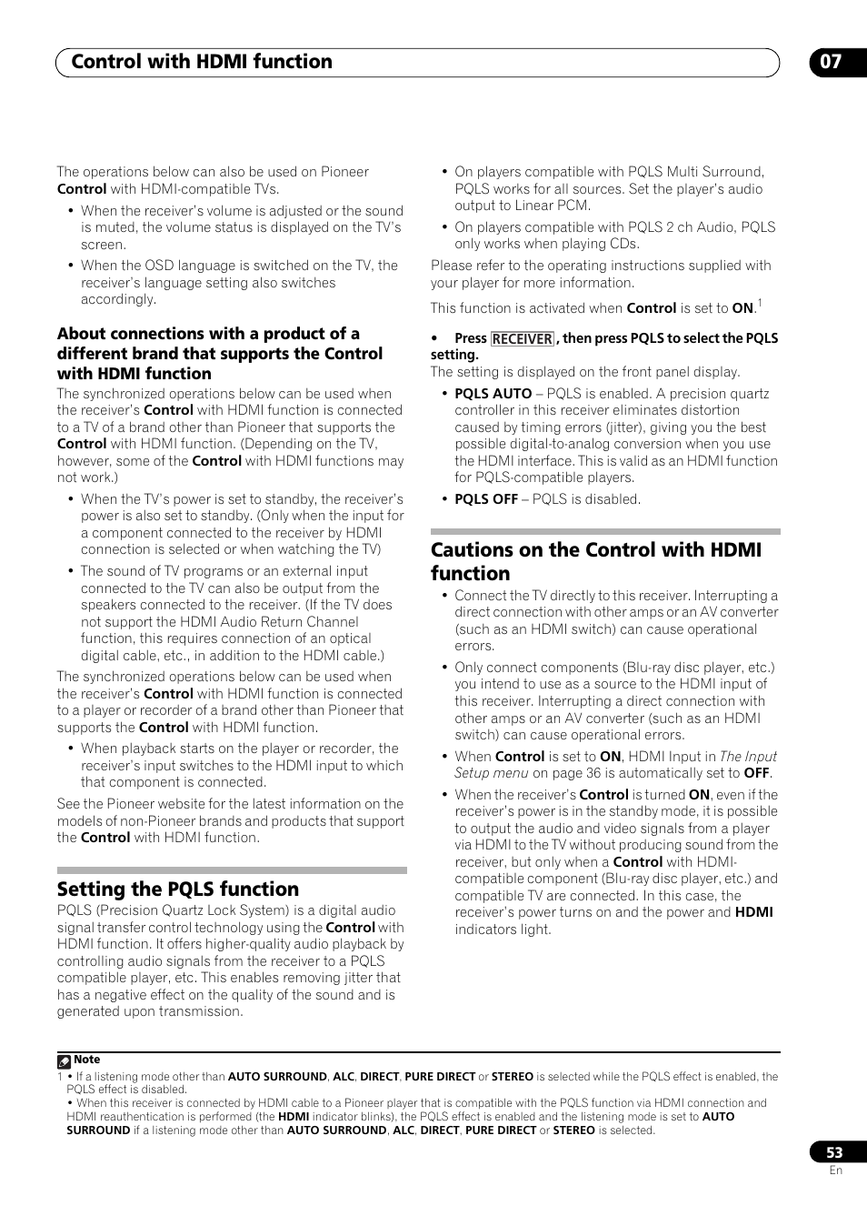 Setting the pqls function, Cautions on the control with hdmi function, Control with hdmi function 07 | Pioneer VSX-LX53 User Manual | Page 53 / 110