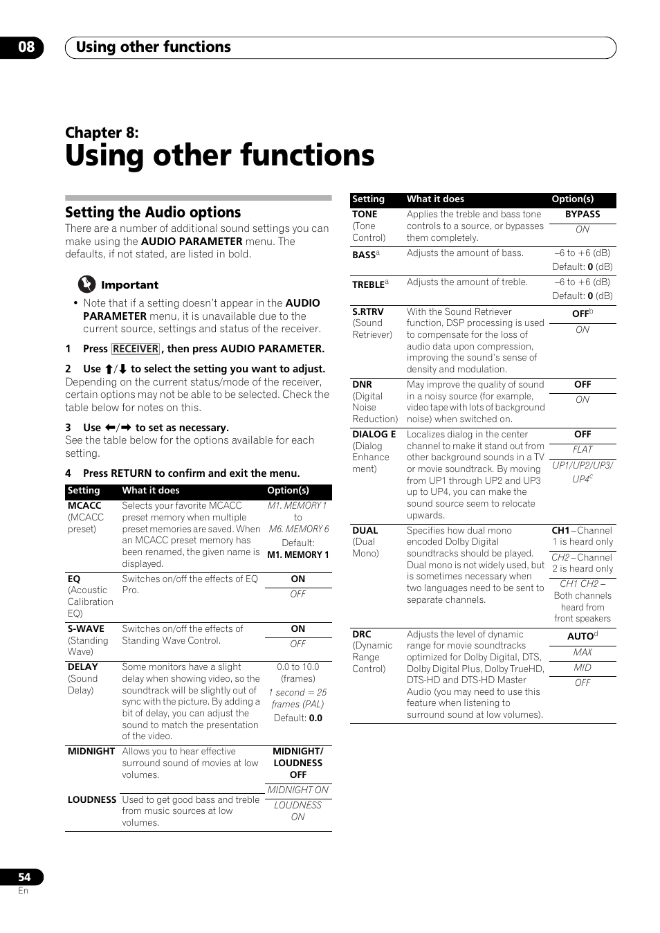 Using other functions, Setting the audio options, 08 using other functions | Using other functions 08, Chapter 8 | Pioneer VSX-LX53 User Manual | Page 54 / 110