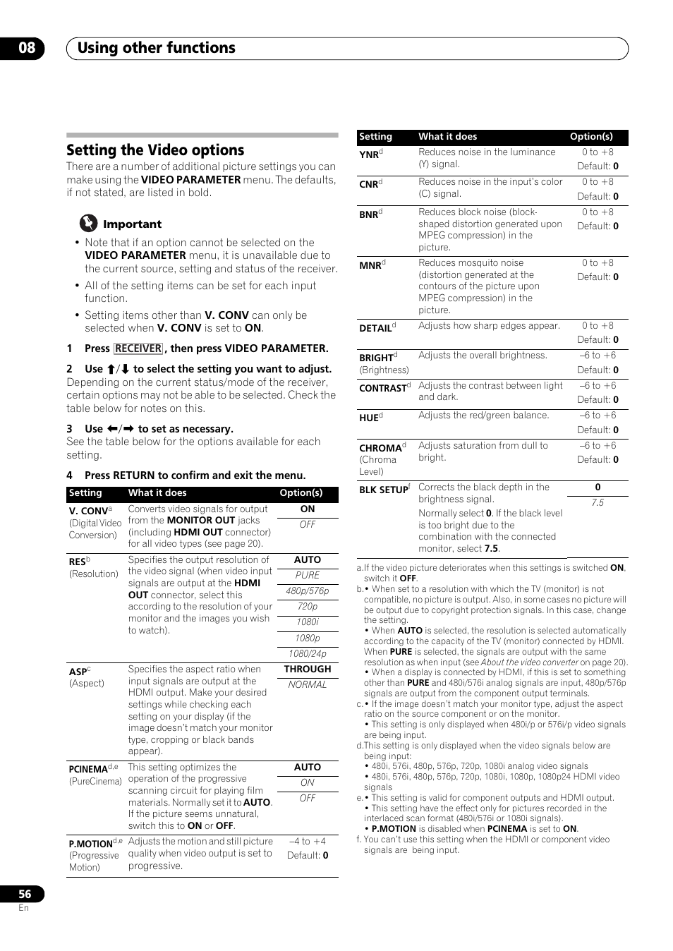 Setting the video options, Using other functions 08 | Pioneer VSX-LX53 User Manual | Page 56 / 110