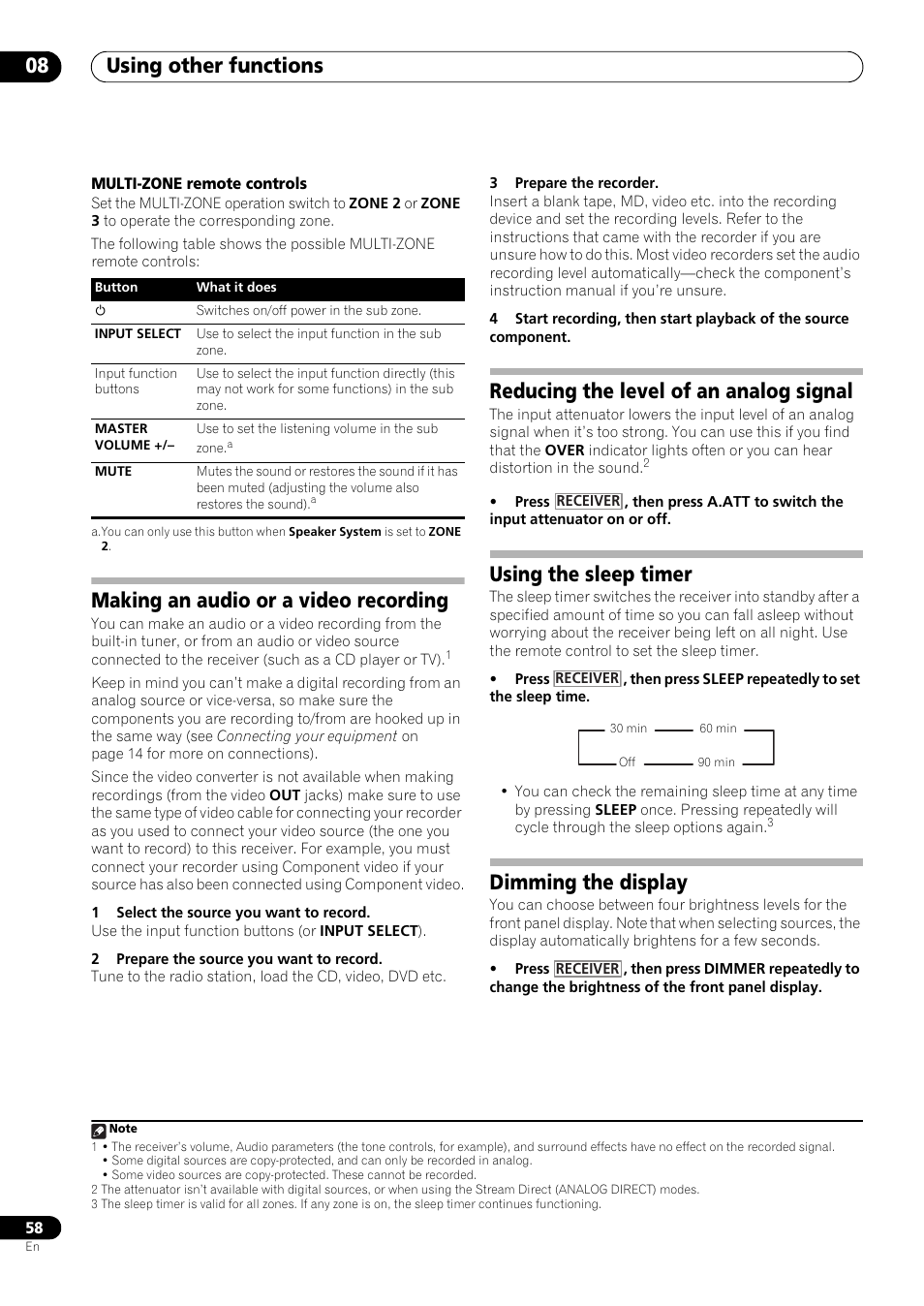 Making an audio or a video recording, Reducing the level of an analog signal, Using the sleep timer | Dimming the display, Using other functions 08 | Pioneer VSX-LX53 User Manual | Page 58 / 110