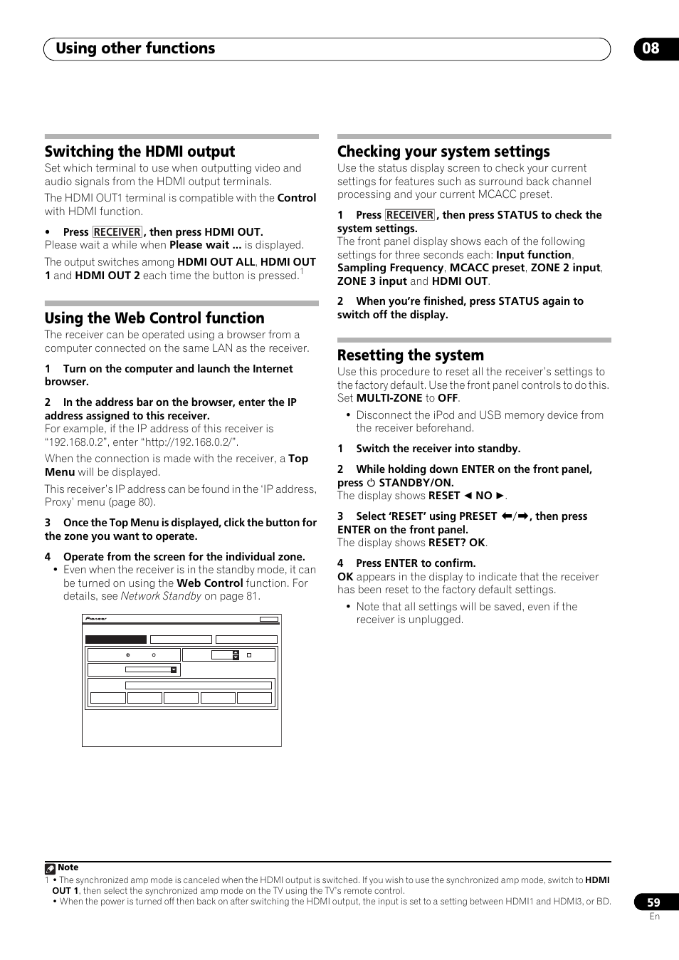 Switching the hdmi output, Using the web control function, Checking your system settings | Resetting the system, Using other functions 08 | Pioneer VSX-LX53 User Manual | Page 59 / 110