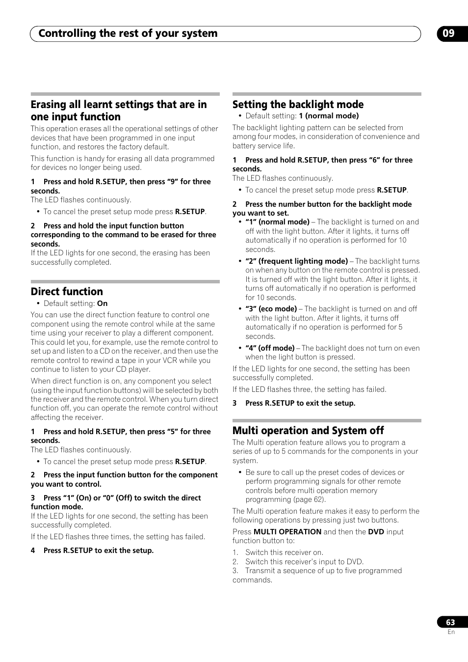 Direct function, Setting the backlight mode, Multi operation and system off | Controlling the rest of your system 09 | Pioneer VSX-LX53 User Manual | Page 63 / 110