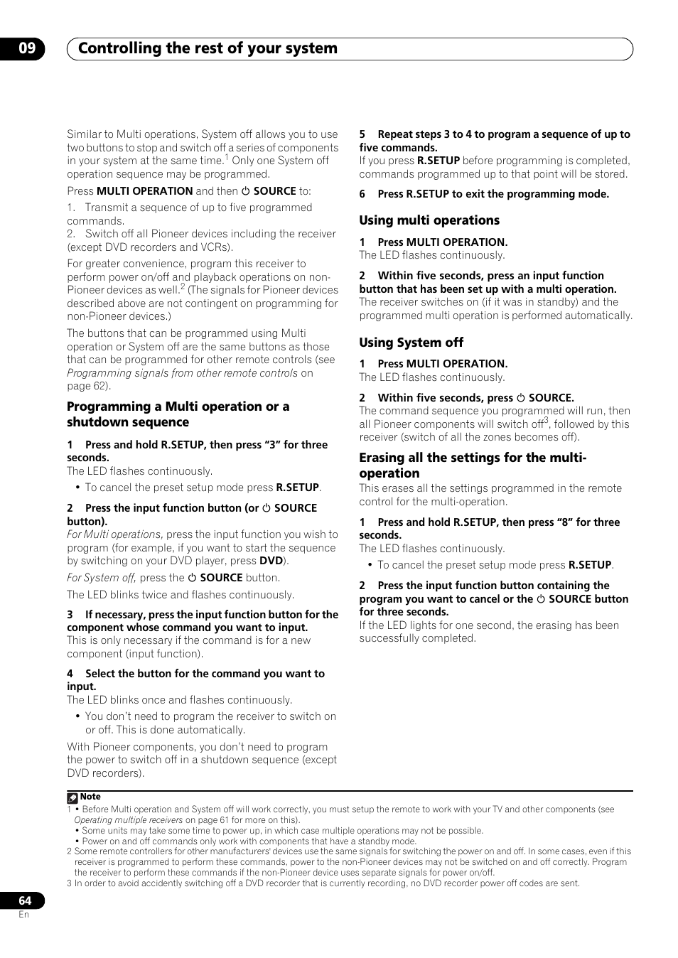 Using multi operations, Using system off, Erasing all the settings for the multi- operation | Erasing all the settings for the multi-operation, Controlling the rest of your system 09 | Pioneer VSX-LX53 User Manual | Page 64 / 110