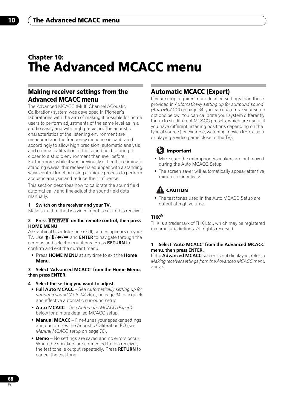 The advanced mcacc menu, Automatic mcacc (expert), 10 the advanced mcacc menu | The advanced mcacc menu 10, Chapter 10 | Pioneer VSX-LX53 User Manual | Page 68 / 110