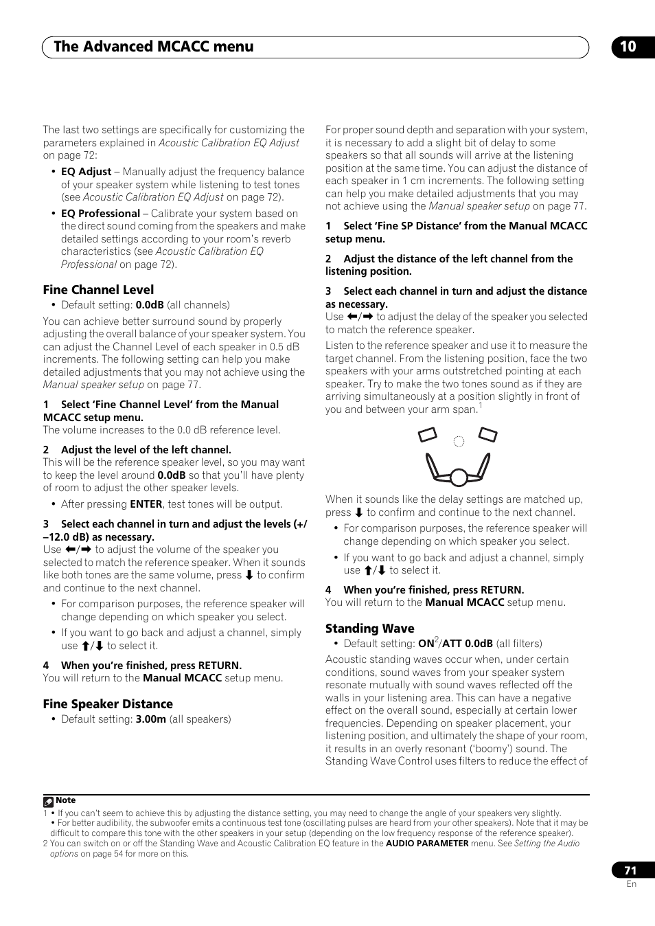 Fine channel level, Fine speaker distance, Standing wave | The advanced mcacc menu 10 | Pioneer VSX-LX53 User Manual | Page 71 / 110