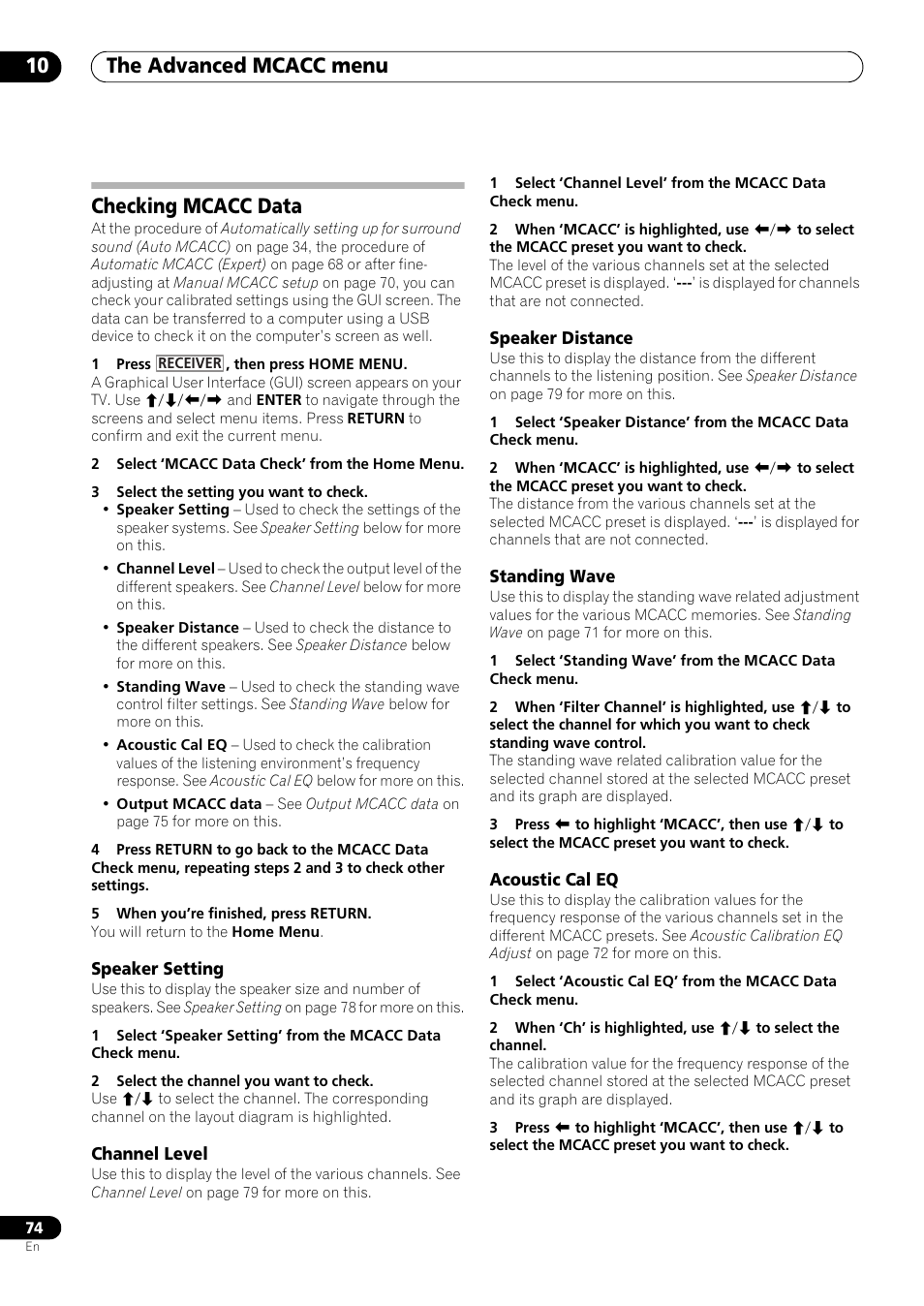 Checking mcacc data, Speaker setting, Channel level | Speaker distance, Standing wave, Acoustic cal eq, The advanced mcacc menu 10 | Pioneer VSX-LX53 User Manual | Page 74 / 110