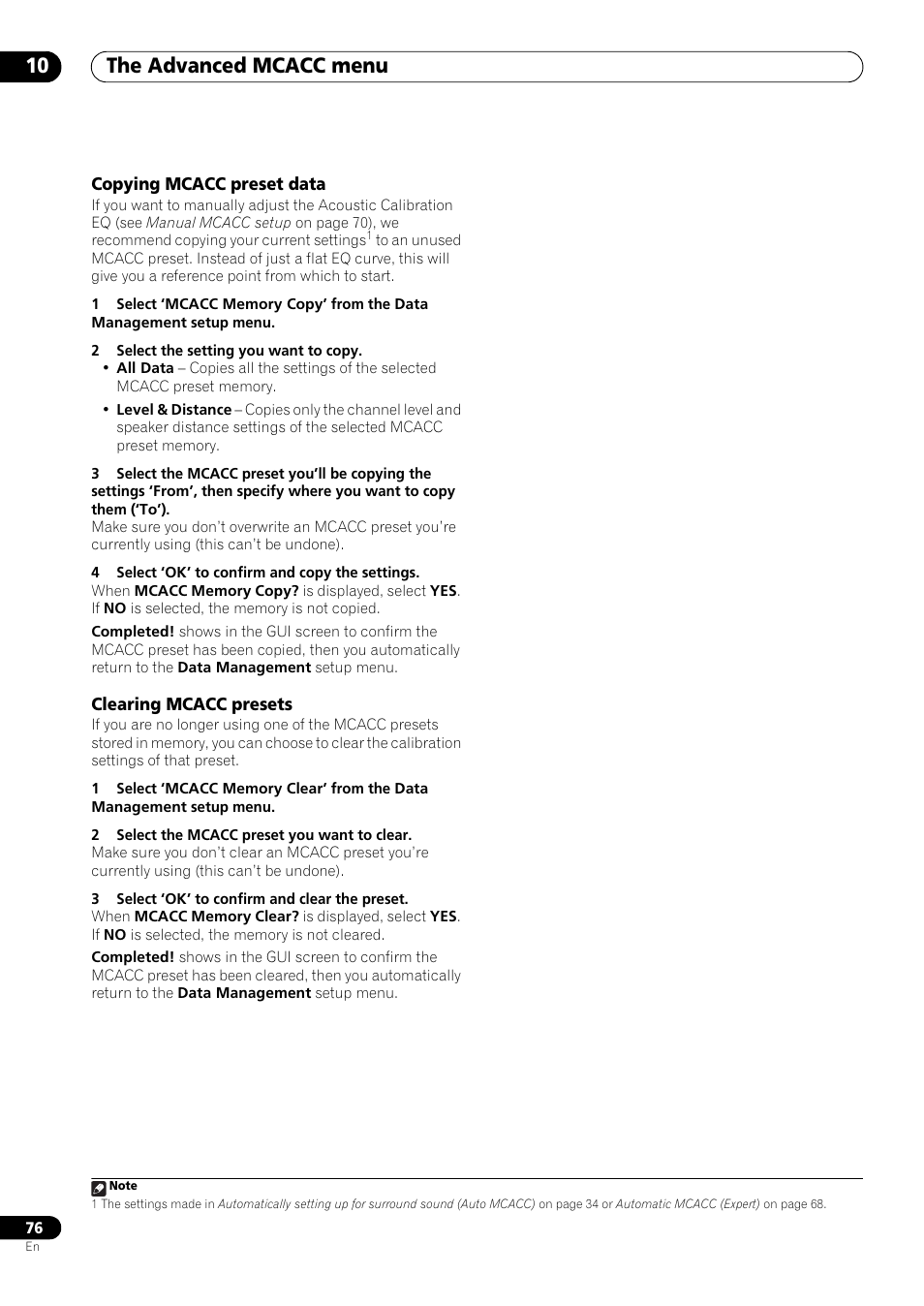 Copying mcacc preset data, Clearing mcacc presets, The advanced mcacc menu 10 | Pioneer VSX-LX53 User Manual | Page 76 / 110