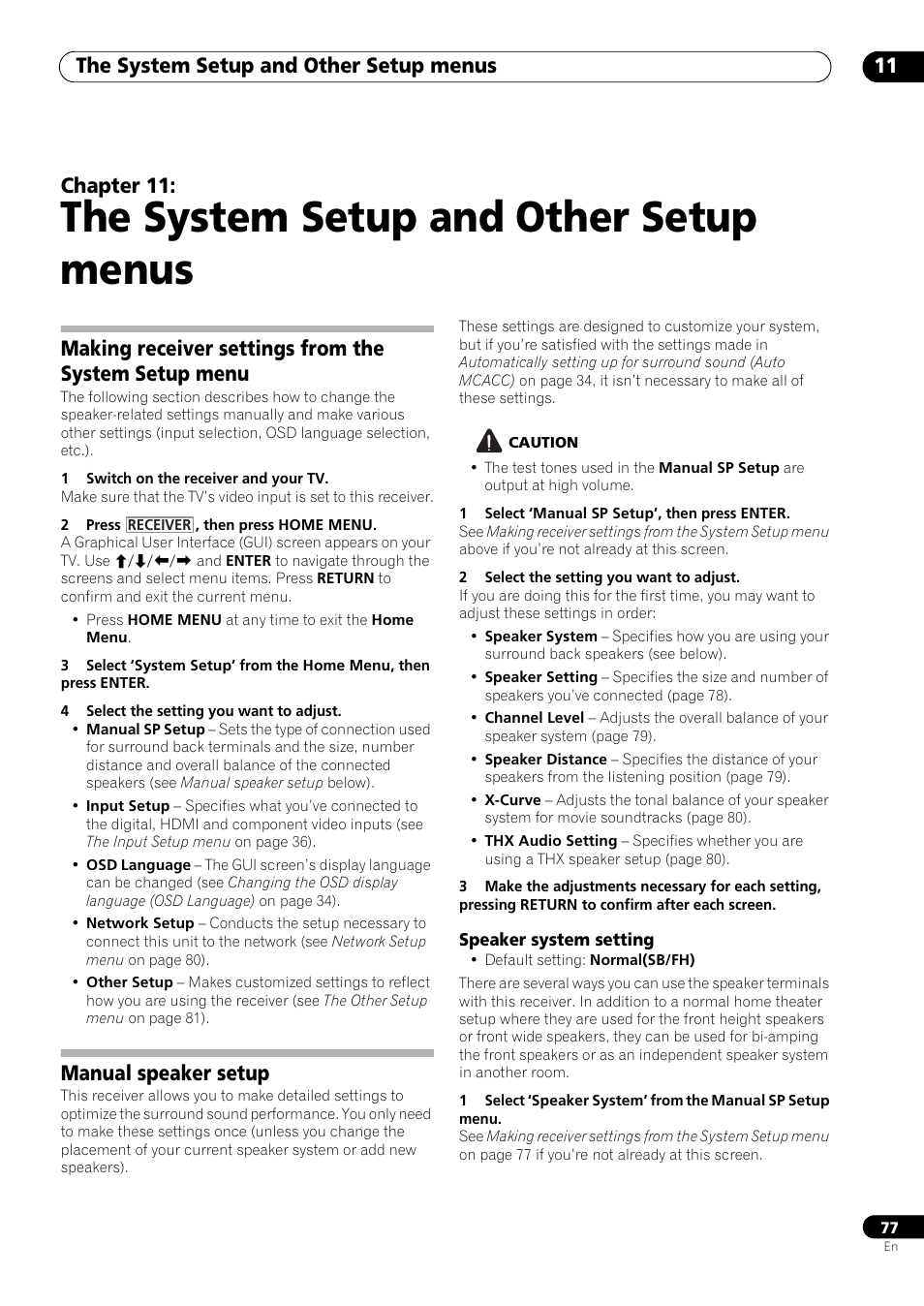 The system setup and other setup menus, Manual speaker setup, Speaker system setting | 11 the system setup and other setup menus, The system setup and other setup menus 11, Chapter 11 | Pioneer VSX-LX53 User Manual | Page 77 / 110