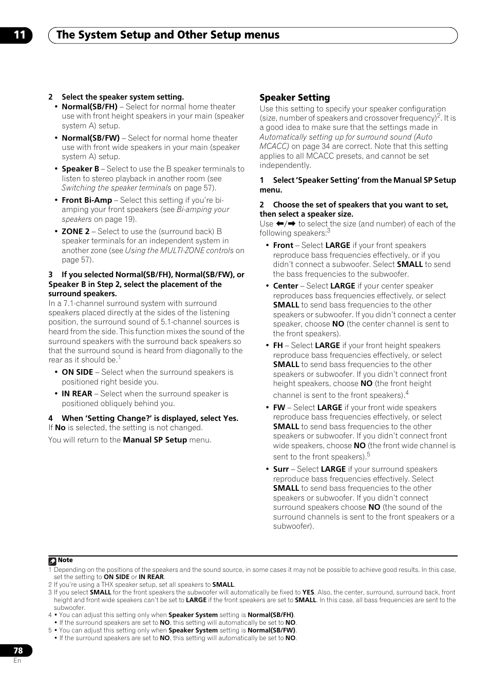 Speaker setting, The system setup and other setup menus 11 | Pioneer VSX-LX53 User Manual | Page 78 / 110