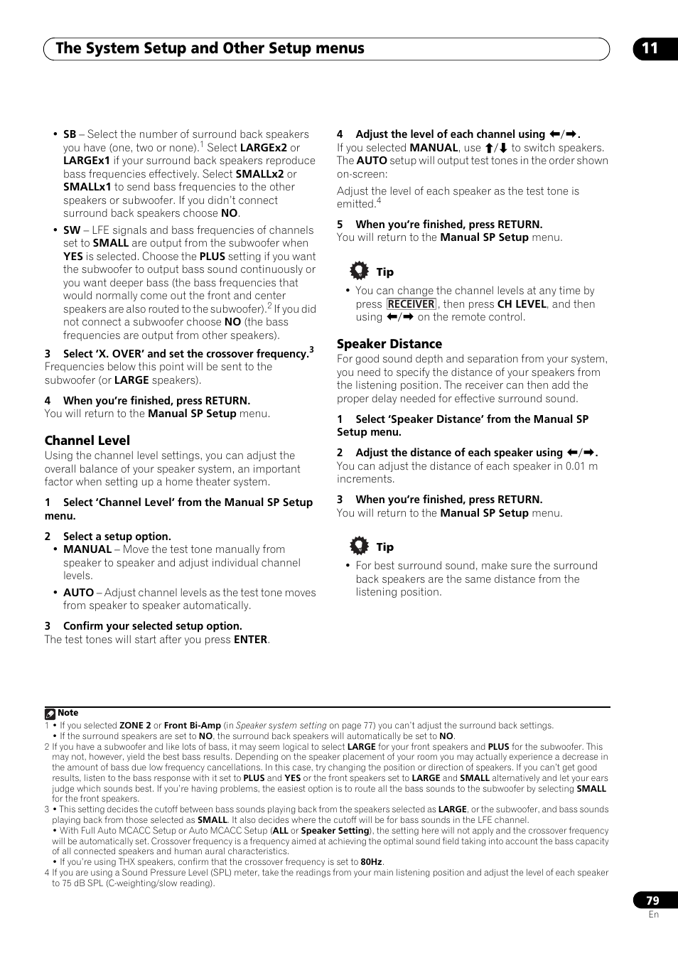 Channel level, Speaker distance, The system setup and other setup menus 11 | Pioneer VSX-LX53 User Manual | Page 79 / 110