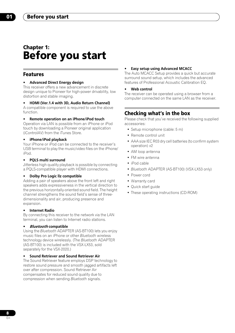 Before you start, Features, Checking what’s in the box | 01 before you start, Before you start 01, Chapter 1 | Pioneer VSX-LX53 User Manual | Page 8 / 110
