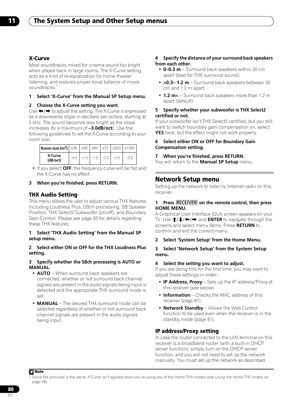 X-curve, Thx audio setting, Network setup menu | Ip address/proxy setting, The system setup and other setup menus 11 | Pioneer VSX-LX53 User Manual | Page 80 / 110