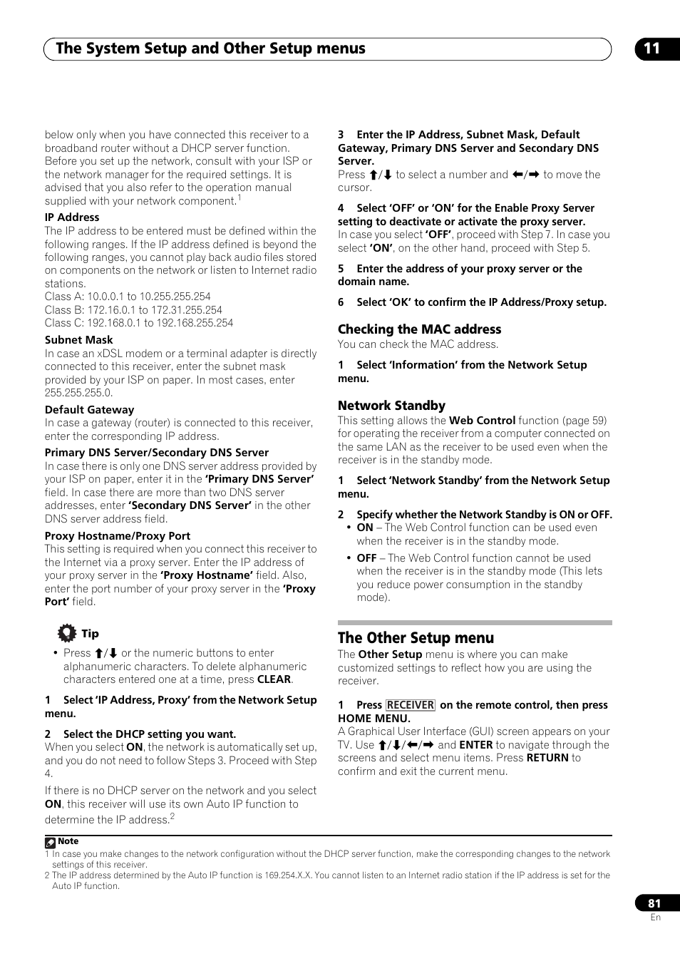 Checking the mac address, Network standby, The other setup menu | The system setup and other setup menus 11 | Pioneer VSX-LX53 User Manual | Page 81 / 110