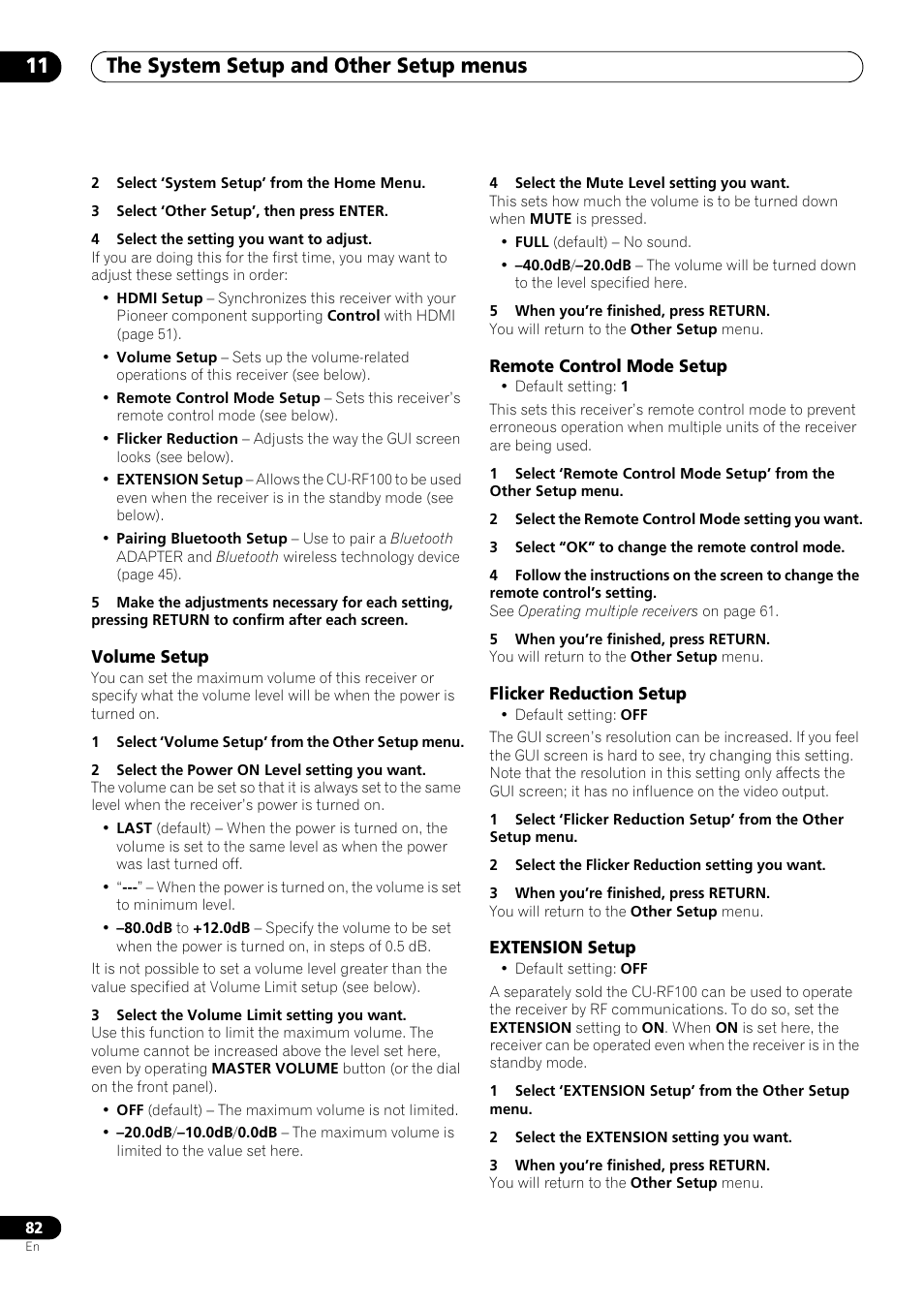 Volume setup, Remote control mode setup, Flicker reduction setup | Extension setup, The system setup and other setup menus 11 | Pioneer VSX-LX53 User Manual | Page 82 / 110