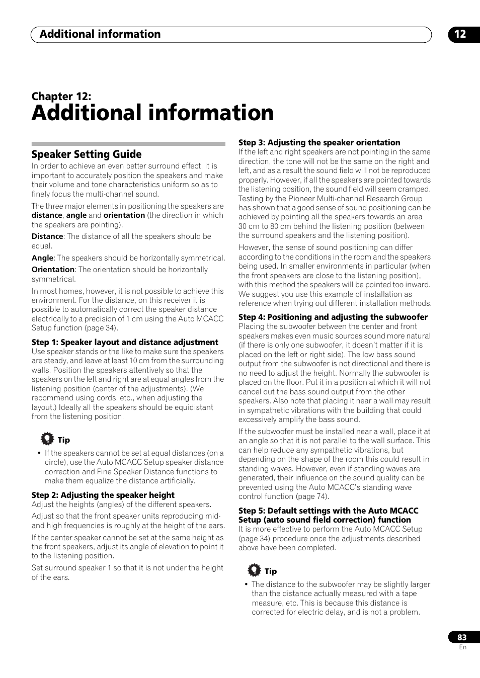 Additional information, Speaker setting guide, 12 additional information | Additional information 12, Chapter 12 | Pioneer VSX-LX53 User Manual | Page 83 / 110