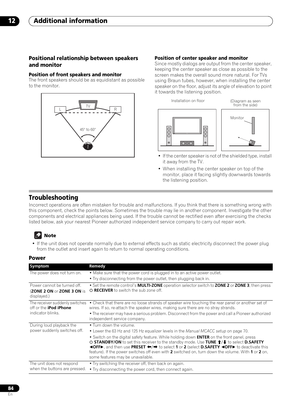 Troubleshooting, Power, Additional information 12 | Pioneer VSX-LX53 User Manual | Page 84 / 110