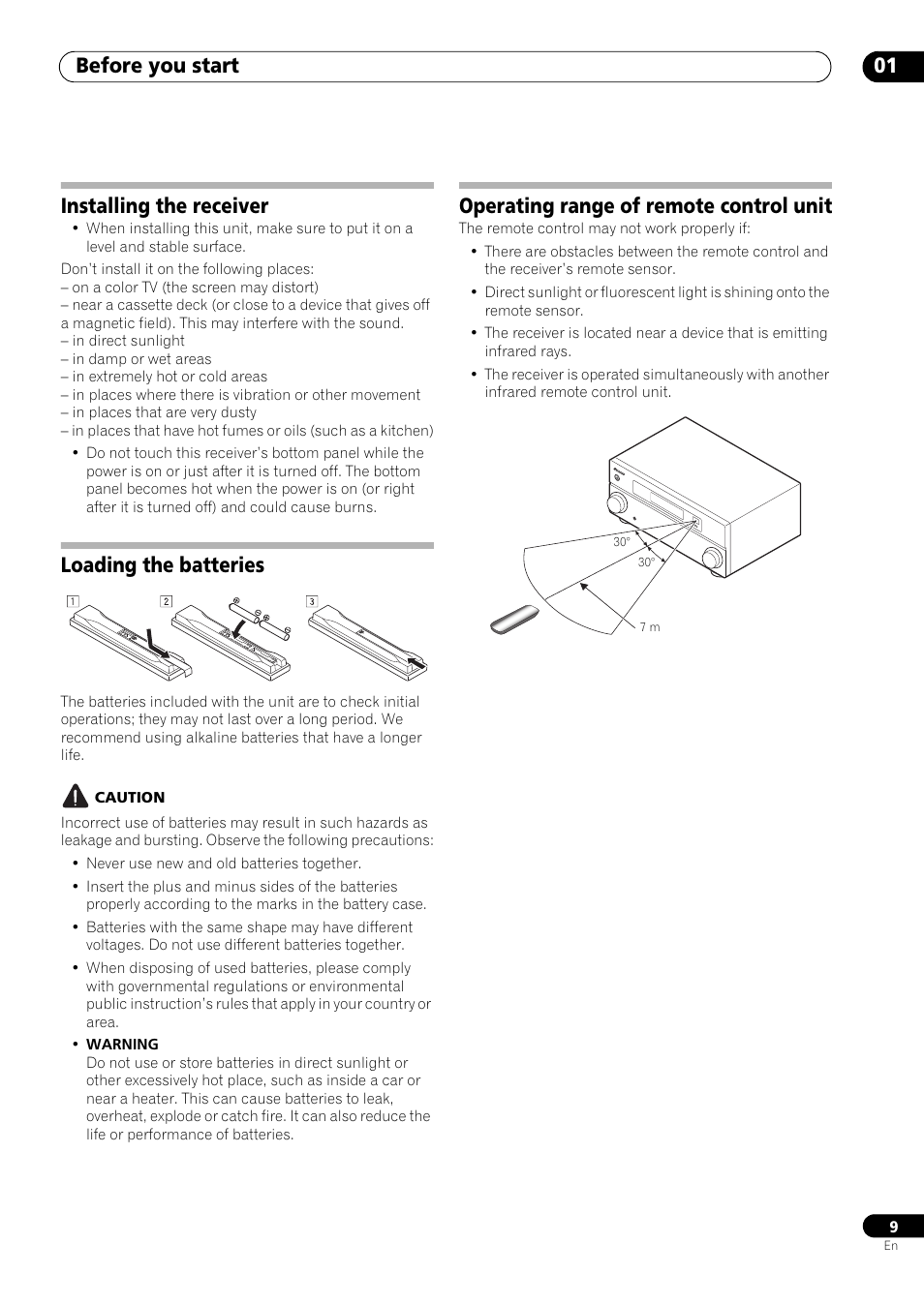 Installing the receiver, Loading the batteries, Operating range of remote control unit | Before you start 01 | Pioneer VSX-LX53 User Manual | Page 9 / 110