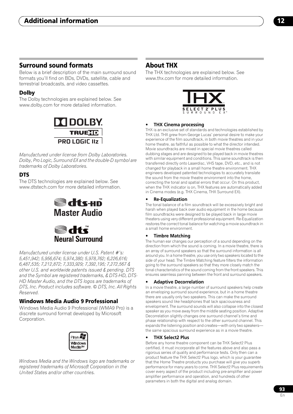 Surround sound formats, Dolby, Windows media audio 9 professional | About thx, Additional information 12 | Pioneer VSX-LX53 User Manual | Page 93 / 110