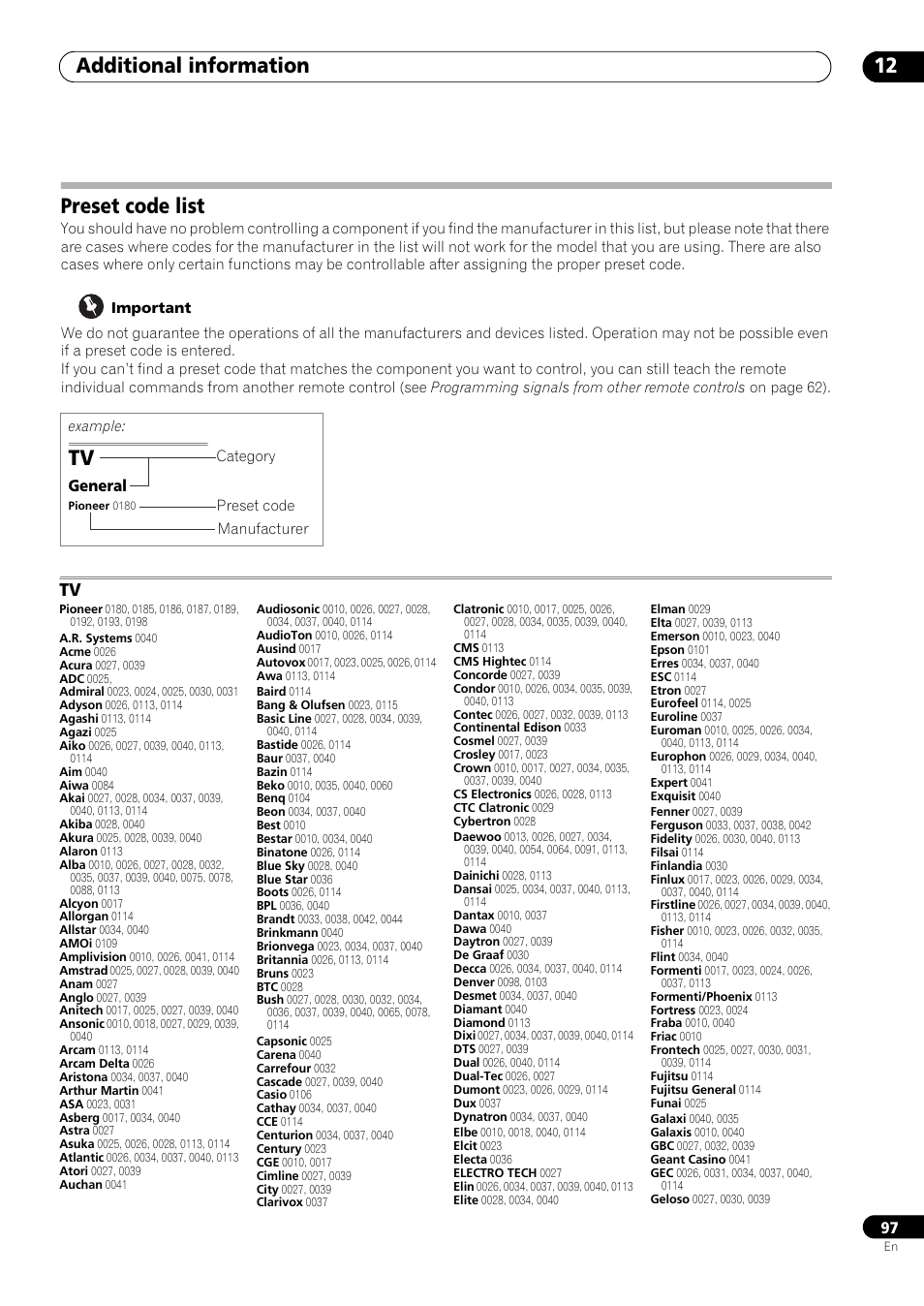 Preset code list, Additional information 12 | Pioneer VSX-LX53 User Manual | Page 97 / 110