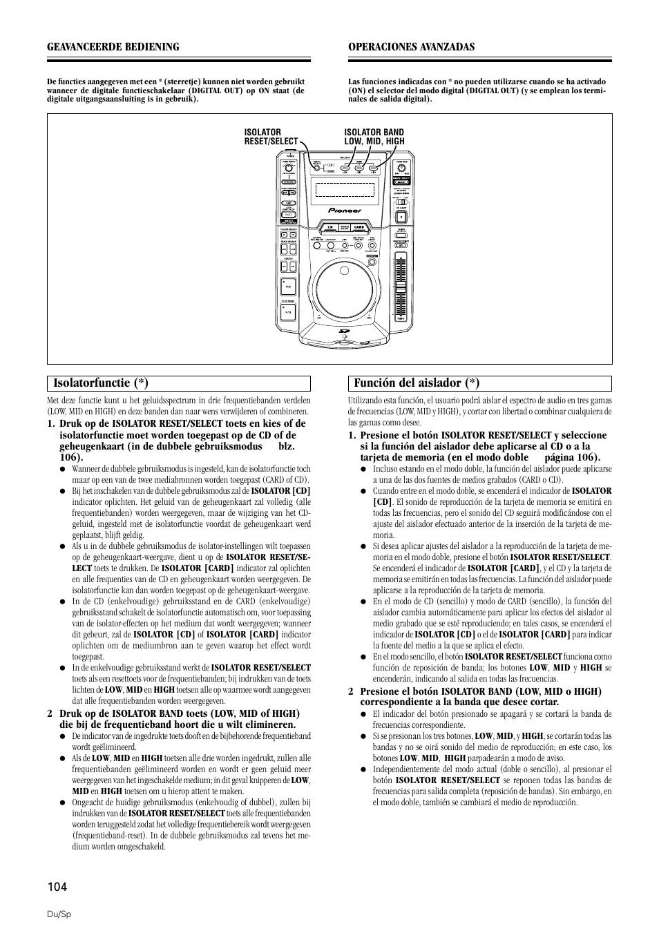 Isolatorfunctie, Función del aislador, Isolatorfunctie (*) | Función del aislador (*) | Pioneer DMP-555 User Manual | Page 104 / 120