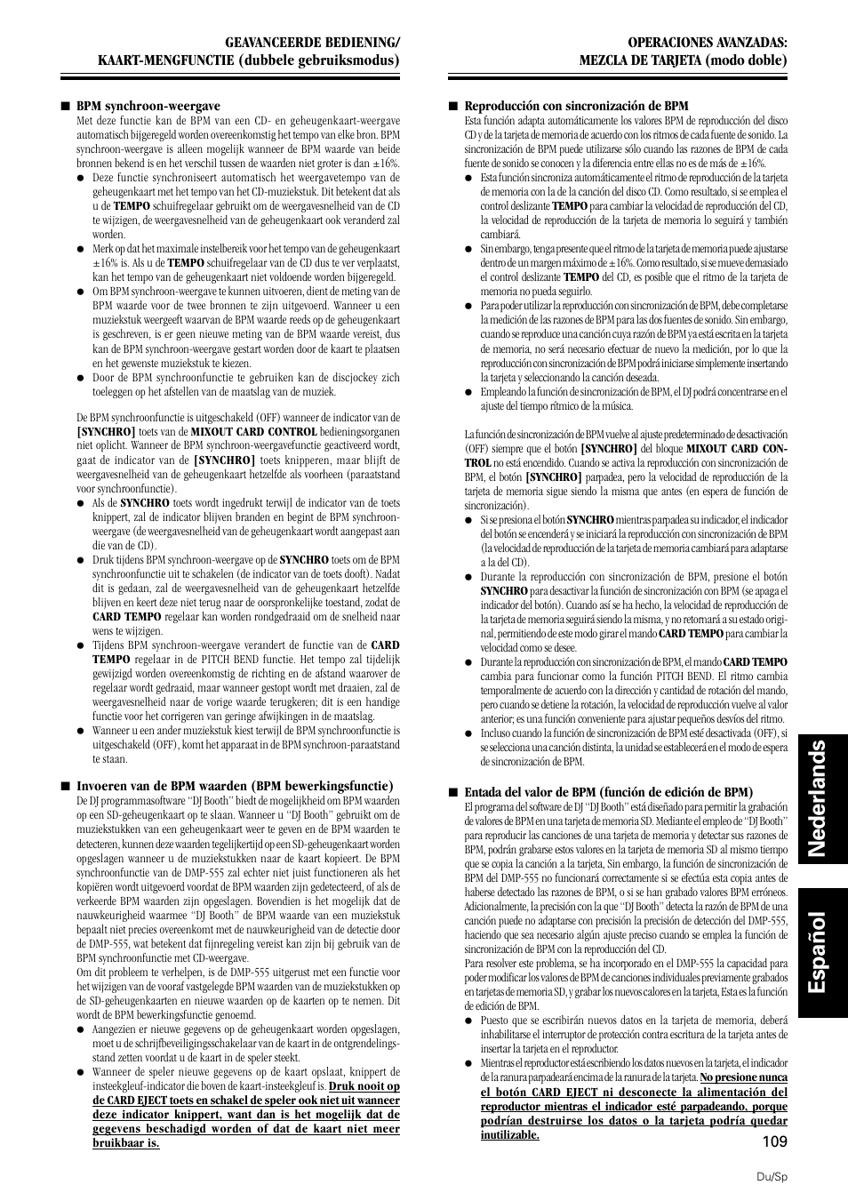 Nederlands español | Pioneer DMP-555 User Manual | Page 109 / 120