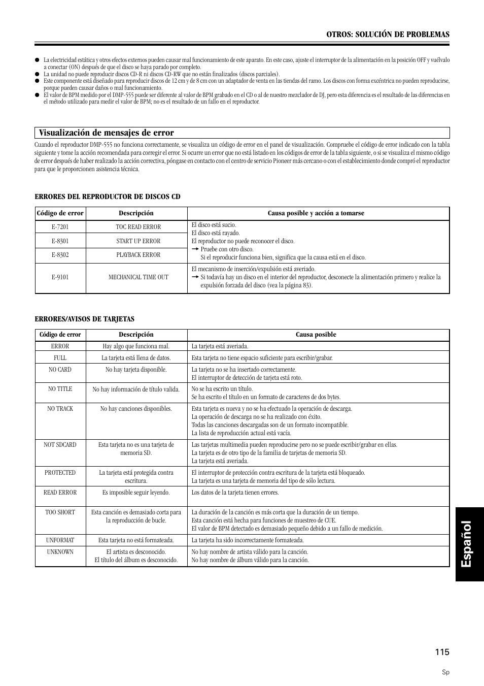 Visualización de mensajes de error, Nederlands español | Pioneer DMP-555 User Manual | Page 115 / 120