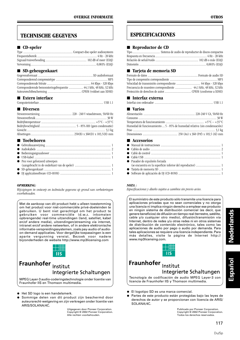 Technische gegevens, Especificaciones, Nederlands español | Especificaciones technische gegevens, 7 cd-speler, 7 sd-geheugenkaart, 7 extern interface, 7 diversen, 7 toebehoren, 7 reproductor de cd | Pioneer DMP-555 User Manual | Page 117 / 120