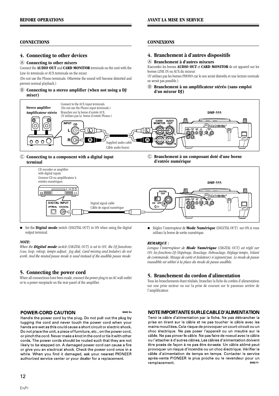 Connecting to other devices, Branchement à d’autres dispositifs, Branchement du cordon d’alimentation | Connecting the power cord | Pioneer DMP-555 User Manual | Page 12 / 120