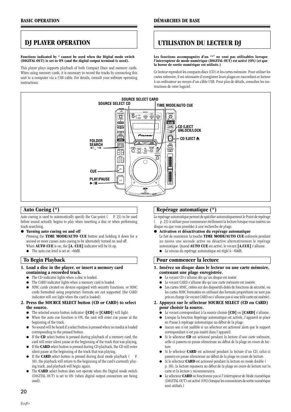 Dj player operation, Auto cueing to begin playback, Dj player operation utilisation du lecteur dj | Auto cueing (*), Repérage automatique (*), Pour commencer la lecture | Pioneer DMP-555 User Manual | Page 20 / 120