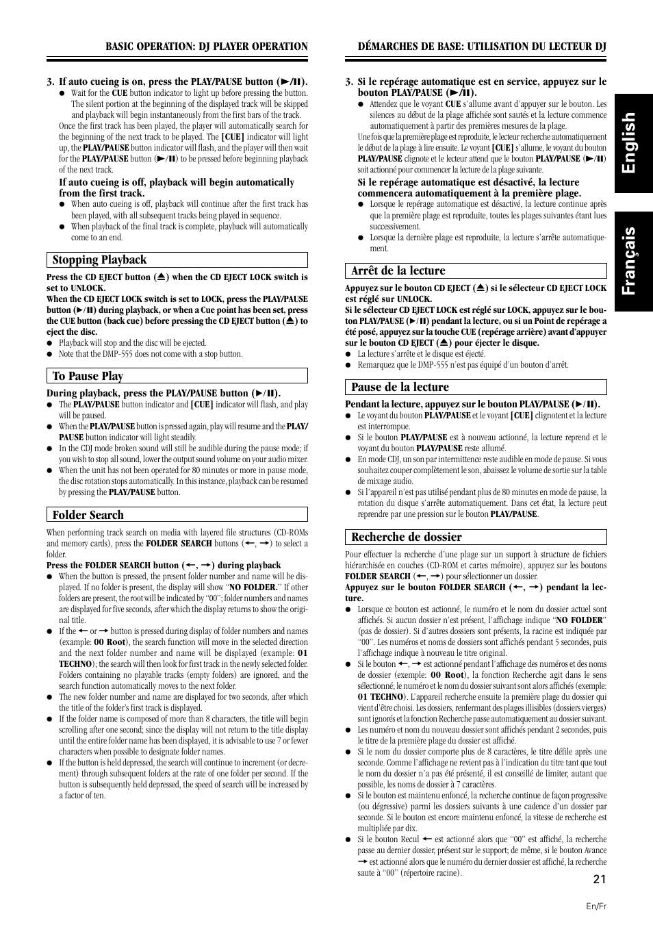 Stopping playback to pause play folder search, English français, Stopping playback | Folder search, Arrêt de la lecture, Pause de la lecture, Recherche de dossier | Pioneer DMP-555 User Manual | Page 21 / 120