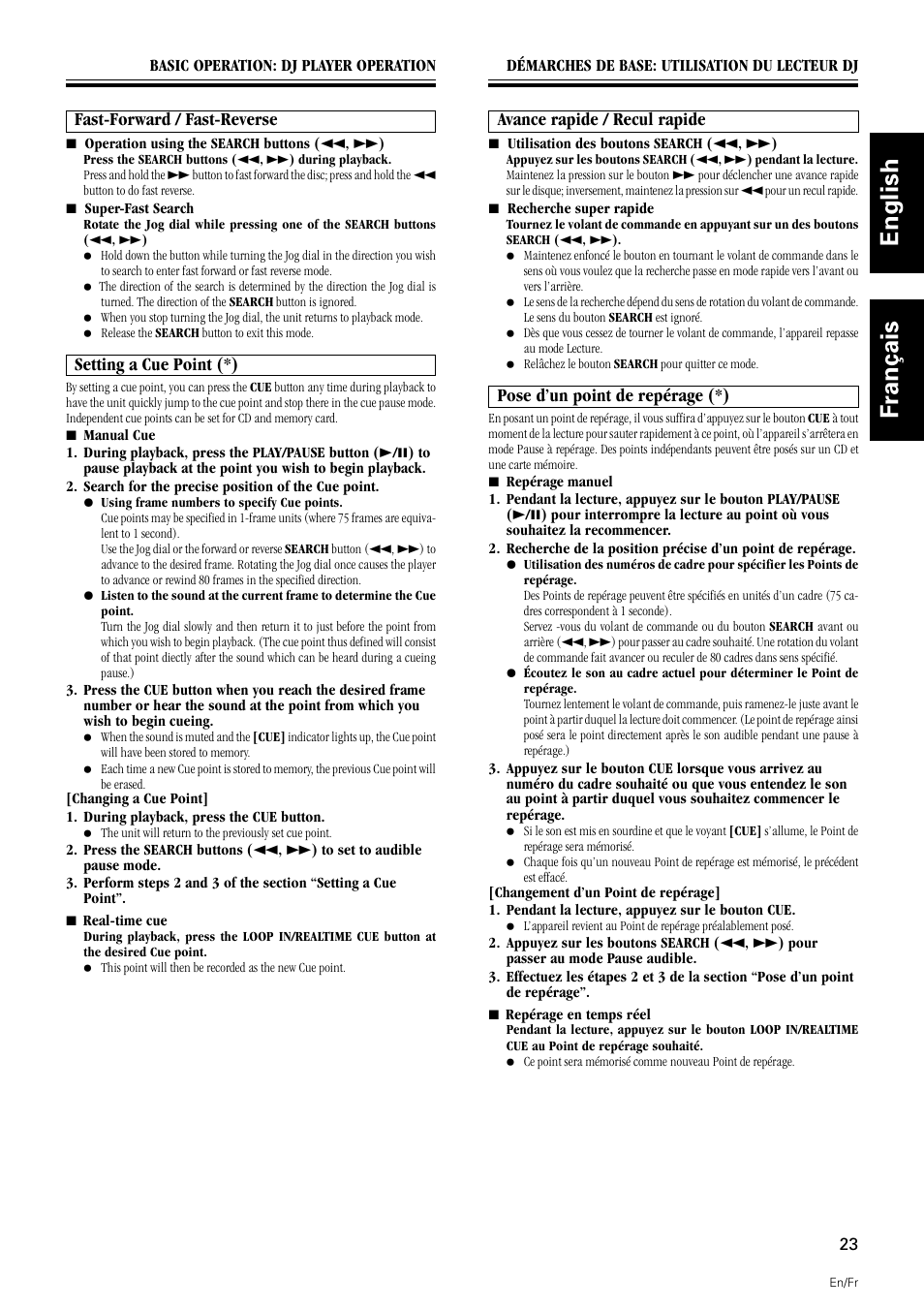 Fast-forward / fast-reverse setting a cue point, English français, Fast-forward / fast-reverse | Setting a cue point (*), Avance rapide / recul rapide, Pose d’un point de repérage (*) | Pioneer DMP-555 User Manual | Page 23 / 120