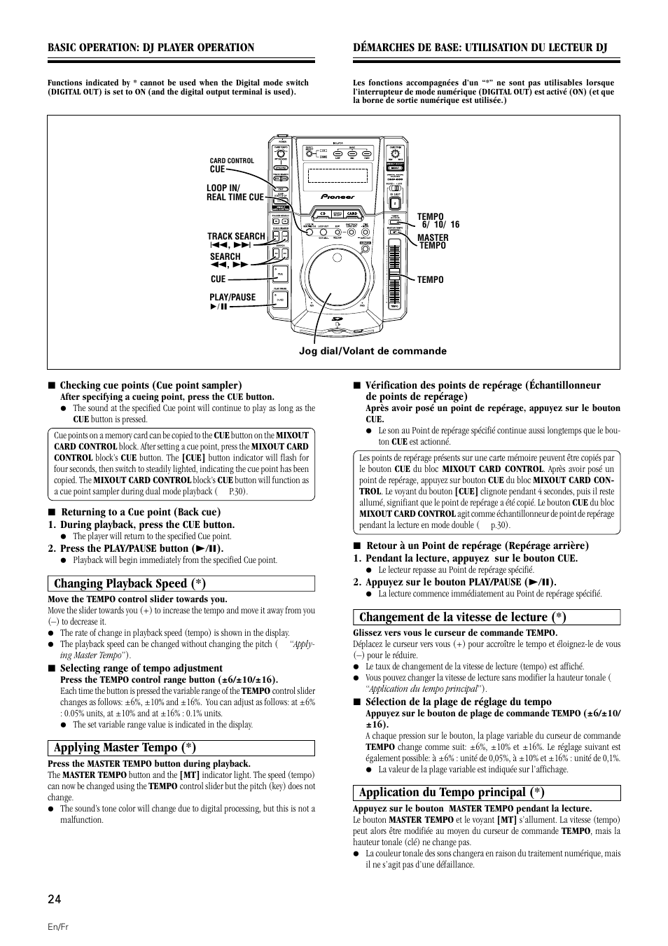 Changing playback speed applying master tempo, Changing playback speed (*), Applying master tempo (*) | Changement de la vitesse de lecture (*), Application du tempo principal (*) | Pioneer DMP-555 User Manual | Page 24 / 120