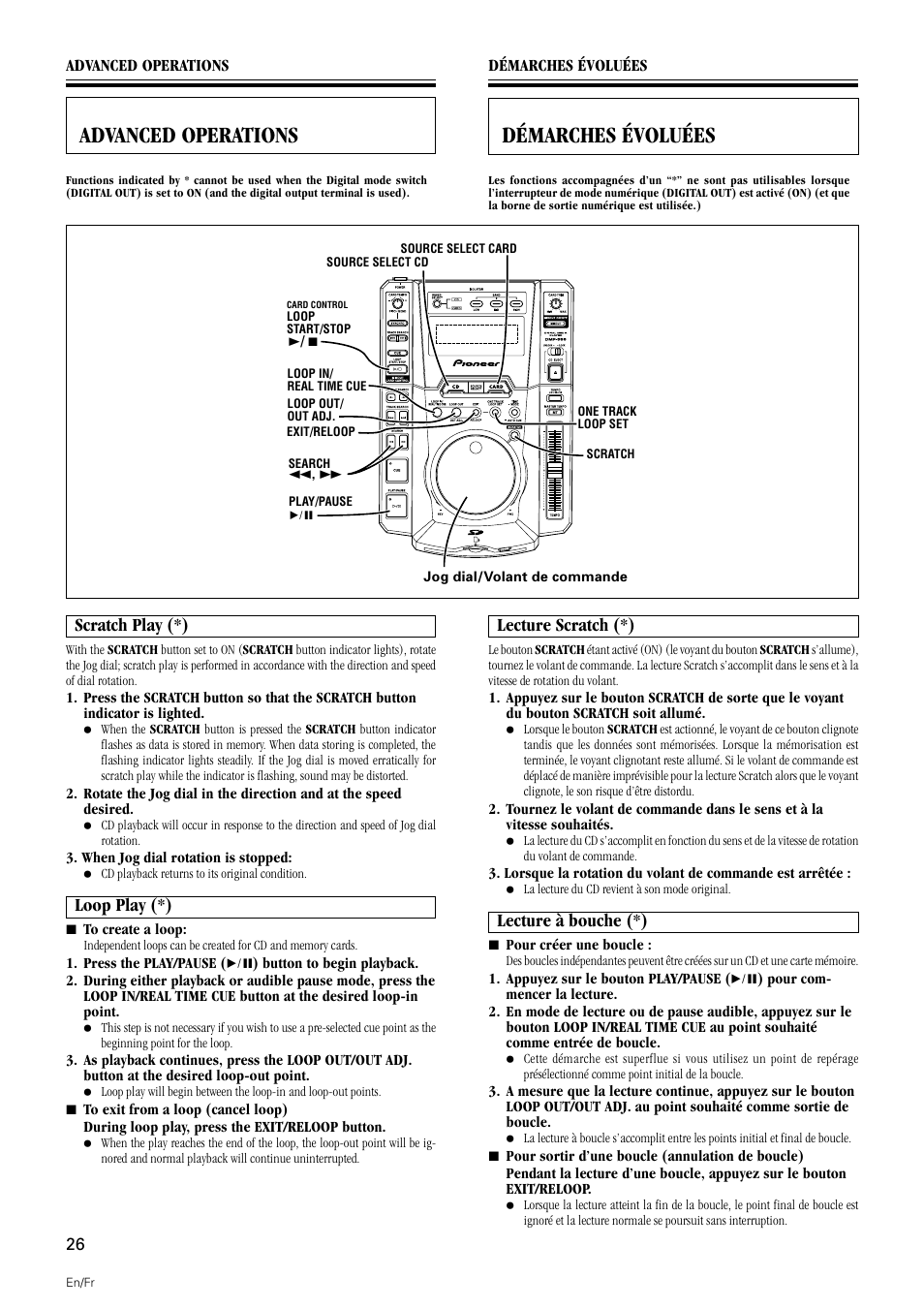 Advanced operations, Scratch play loop play, Démarches évoluées | Scratch play (*), Loop play (*), Lecture scratch (*), Lecture à bouche (*) | Pioneer DMP-555 User Manual | Page 26 / 120