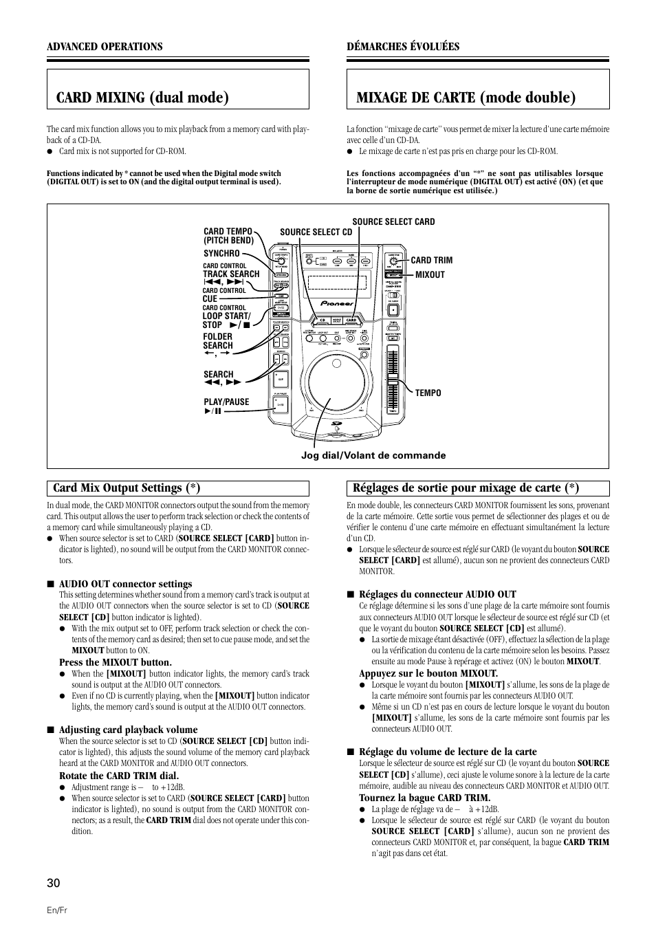 Card mixing (dual mode), Card mix output settings, Mixage de carte (mode double) | Card mix output settings (*), Réglages de sortie pour mixage de carte (*) | Pioneer DMP-555 User Manual | Page 30 / 120