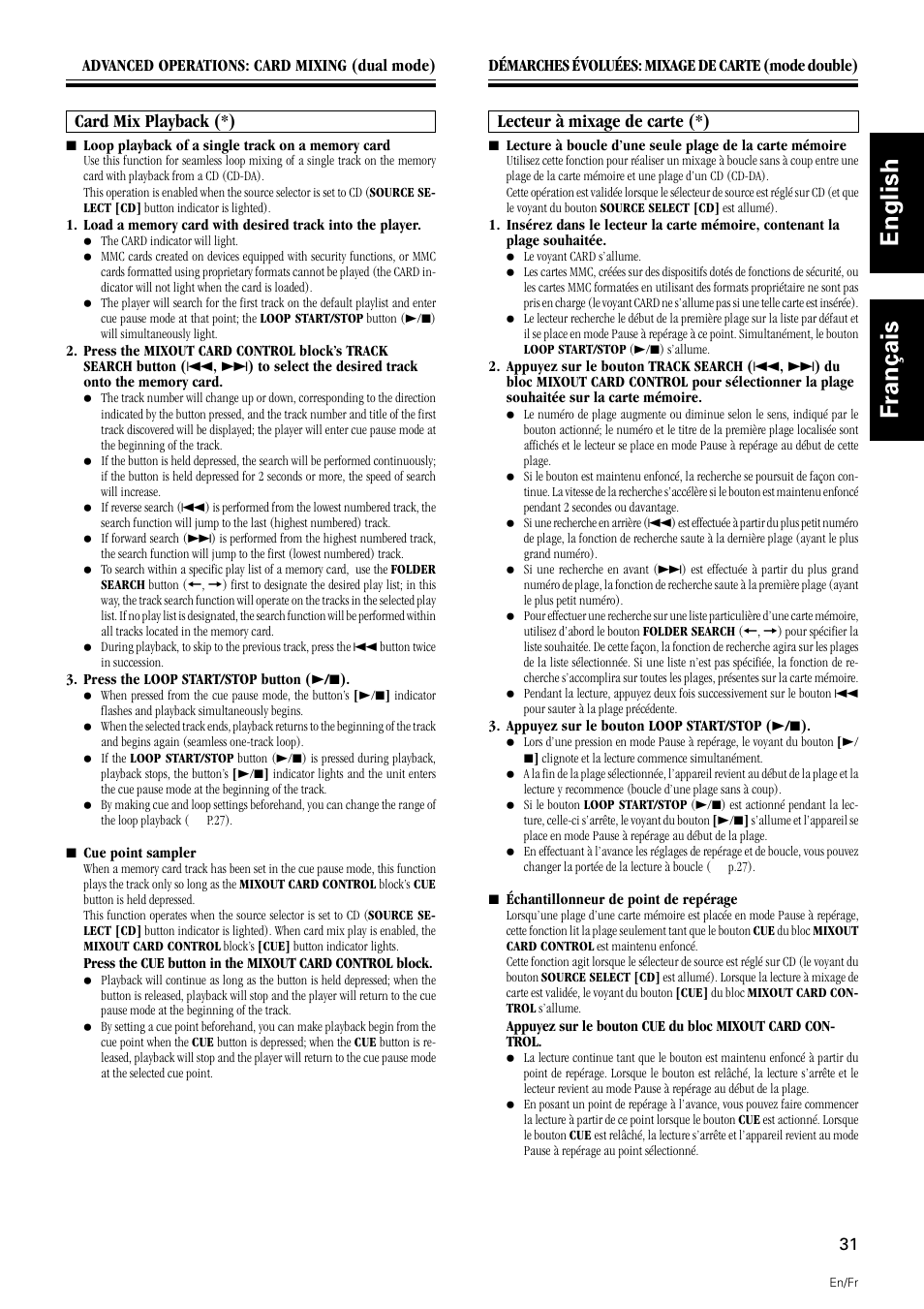 Card mix playback, English français, Card mix playback (*) | Lecteur à mixage de carte (*) | Pioneer DMP-555 User Manual | Page 31 / 120