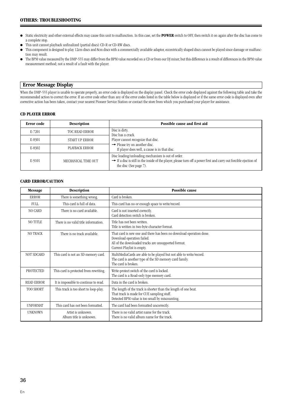 Error message display | Pioneer DMP-555 User Manual | Page 36 / 120