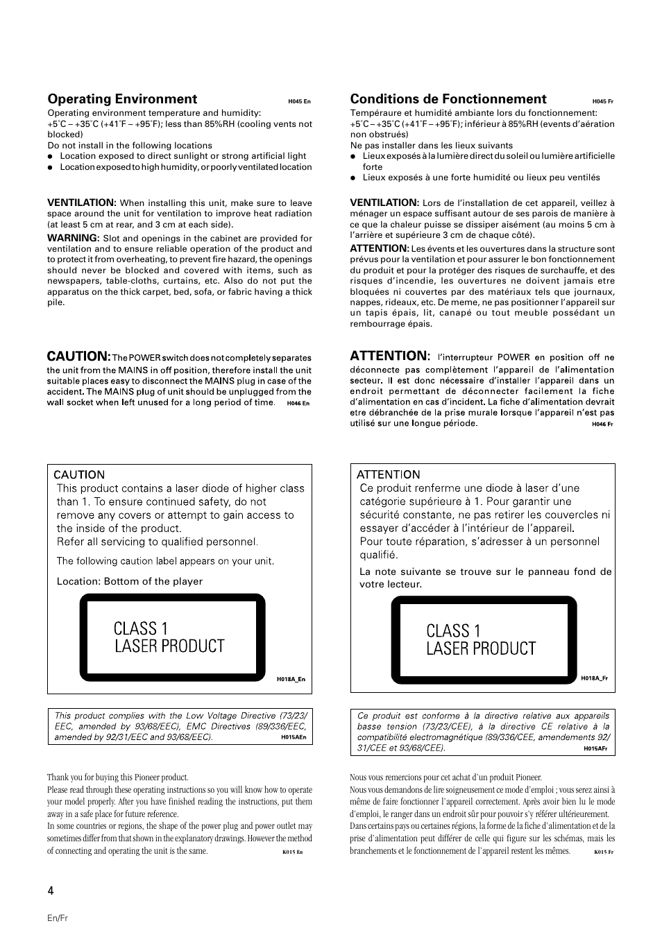 Operating environment, Conditions de fonctionnement | Pioneer DMP-555 User Manual | Page 4 / 120