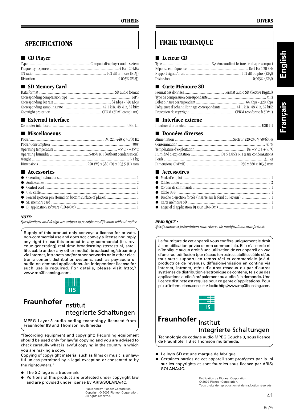 Specifications, English français, Fiche technique specifications | 7 cd player, 7 external interface, 7 miscellaneous, 7 accessories, 7 lecteur cd, 7 carte mémoire sd, 7 interface externe | Pioneer DMP-555 User Manual | Page 41 / 120