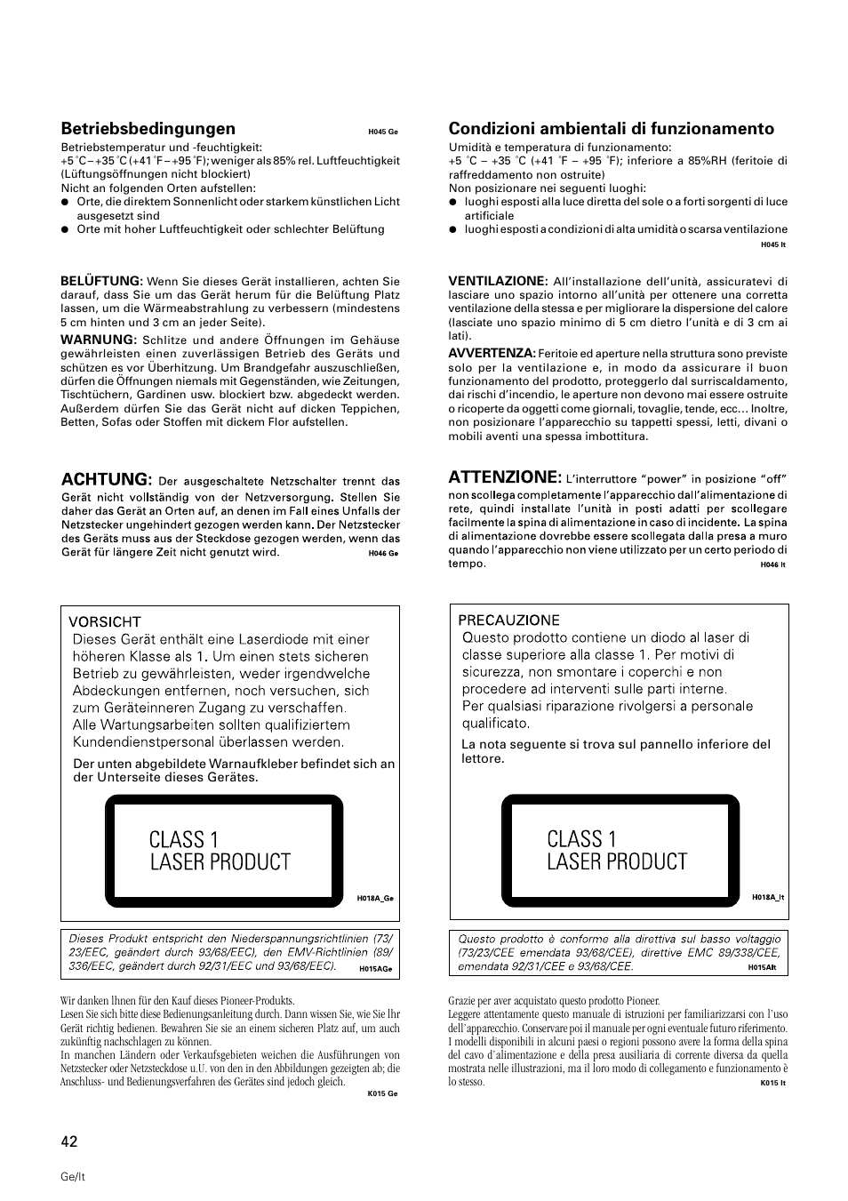Betriebsbedingungen, Condizioni ambientali di funzionamento | Pioneer DMP-555 User Manual | Page 42 / 120