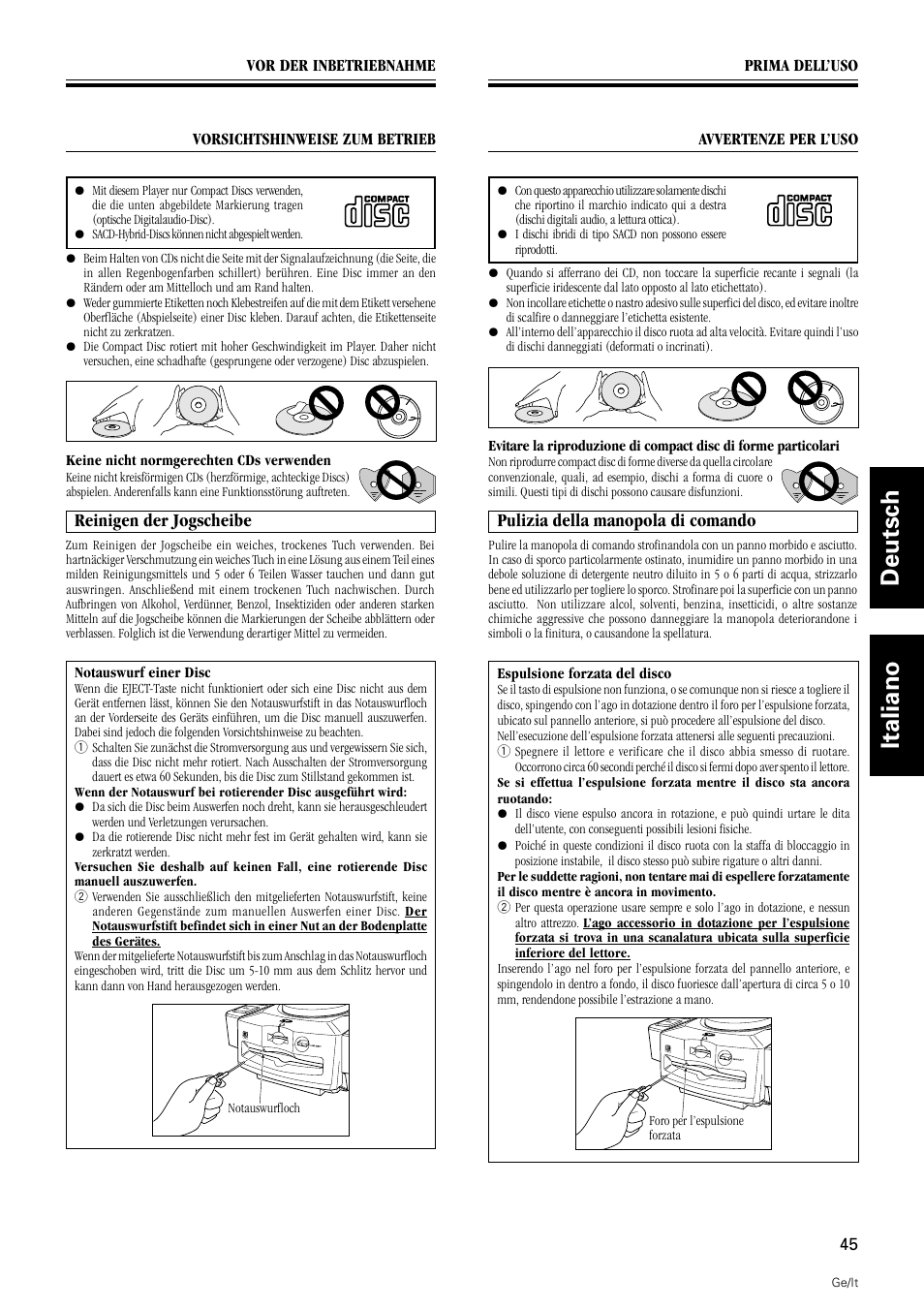 Deutsch italiano, Reinigen der jogscheibe, Pulizia della manopola di comando | Pioneer DMP-555 User Manual | Page 45 / 120