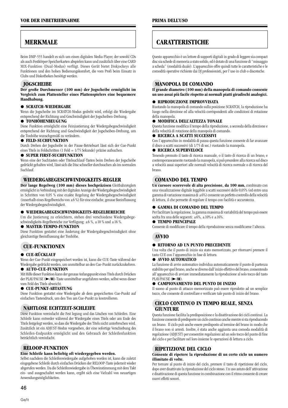 Merkmale, Caratteristiche, Merkmale caratteristiche | Pioneer DMP-555 User Manual | Page 46 / 120
