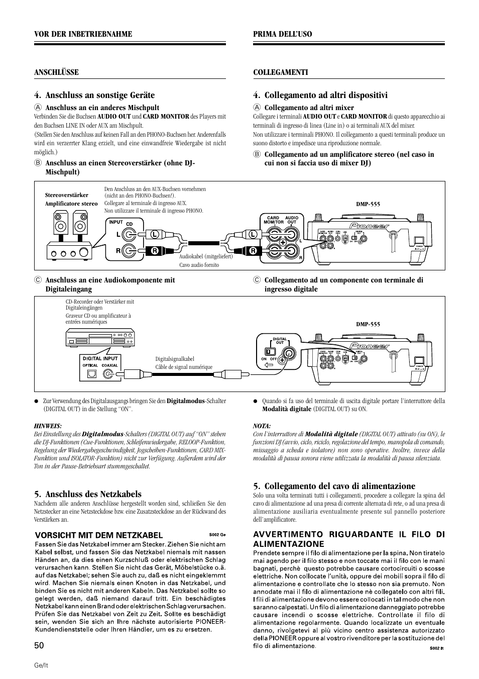 Anschluss an sonstige geräte, Anschluss des netzkabels, Collegamento ad altri dispositivi | Collegamento del cavo di alimentazione | Pioneer DMP-555 User Manual | Page 50 / 120