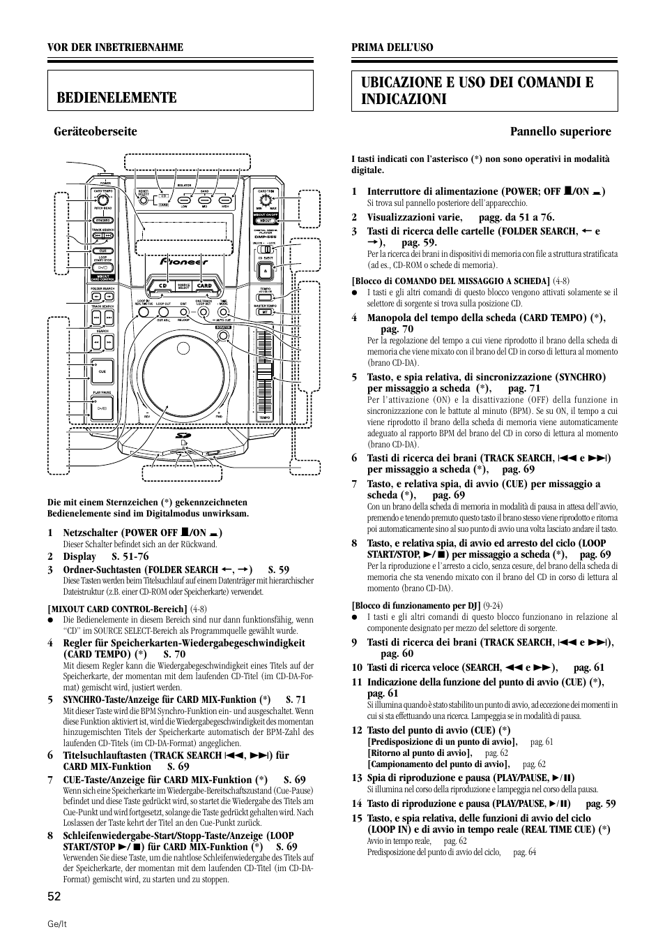 Bedienelemente, Ubicazione e uso dei comandi e indicazioni | Pioneer DMP-555 User Manual | Page 52 / 120